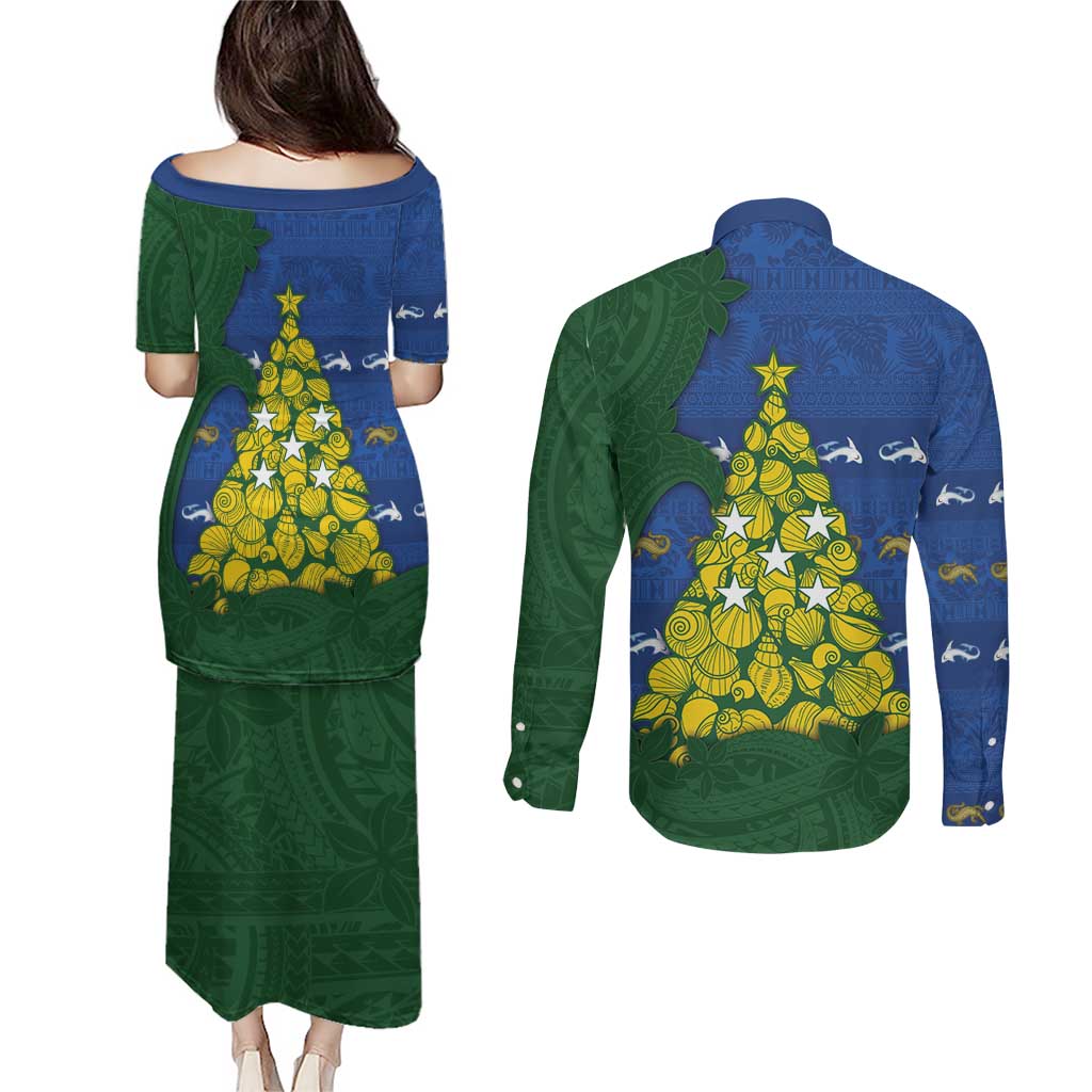 Solomon Islands Christmas Couples Matching Puletasi and Long Sleeve Button Shirt Seashell Xmas Tree Tribal Waves DT05 - Polynesian Pride