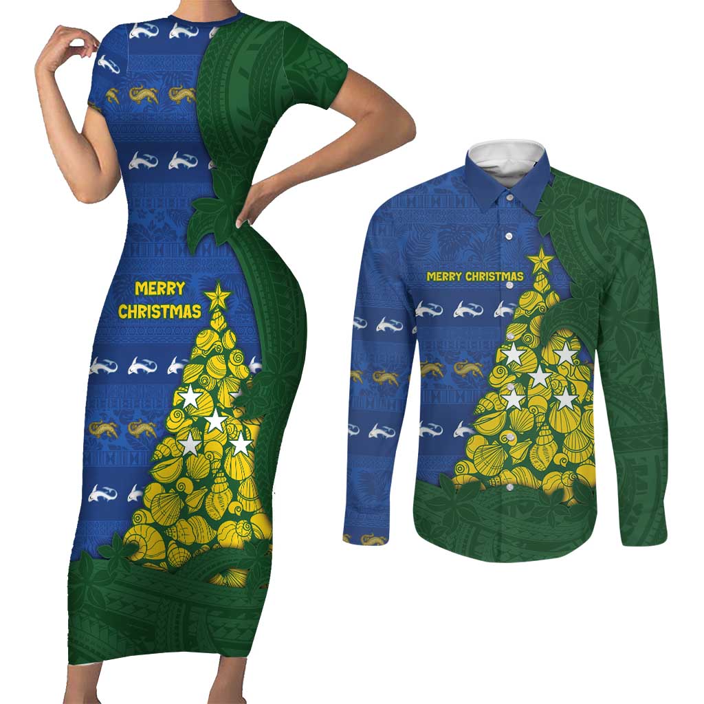 Solomon Islands Christmas Couples Matching Short Sleeve Bodycon Dress and Long Sleeve Button Shirt Seashell Xmas Tree Tribal Waves - Polynesian Pride