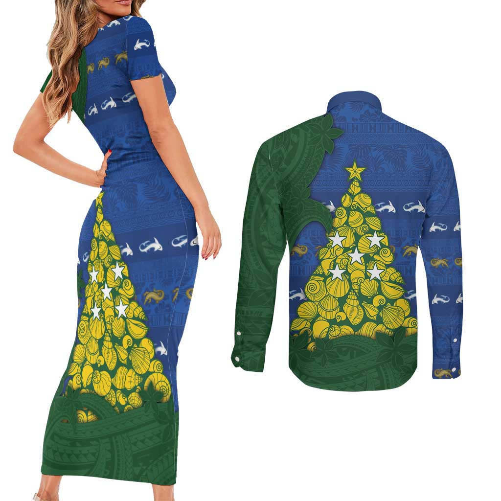 Solomon Islands Christmas Couples Matching Short Sleeve Bodycon Dress and Long Sleeve Button Shirt Seashell Xmas Tree Tribal Waves - Polynesian Pride