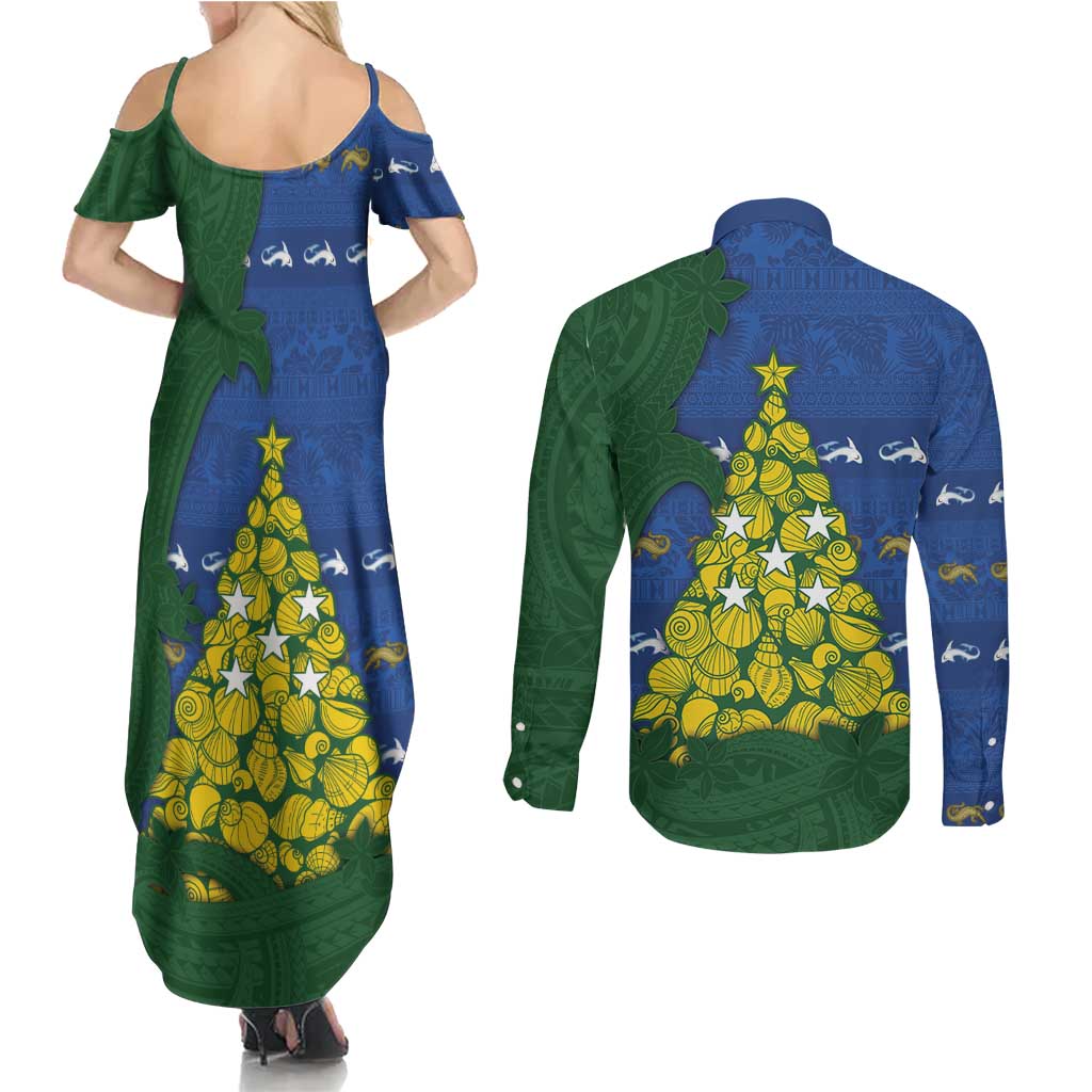 Solomon Islands Christmas Couples Matching Summer Maxi Dress and Long Sleeve Button Shirt Seashell Xmas Tree Tribal Waves DT05 - Polynesian Pride