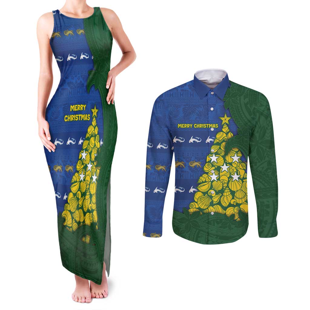 Solomon Islands Christmas Couples Matching Tank Maxi Dress and Long Sleeve Button Shirt Seashell Xmas Tree Tribal Waves DT05 Navy - Polynesian Pride