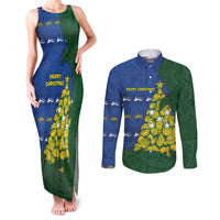 Solomon Islands Christmas Couples Matching Tank Maxi Dress and Long Sleeve Button Shirt Seashell Xmas Tree Tribal Waves DT05 Navy - Polynesian Pride