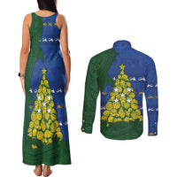 Solomon Islands Christmas Couples Matching Tank Maxi Dress and Long Sleeve Button Shirt Seashell Xmas Tree Tribal Waves DT05 - Polynesian Pride
