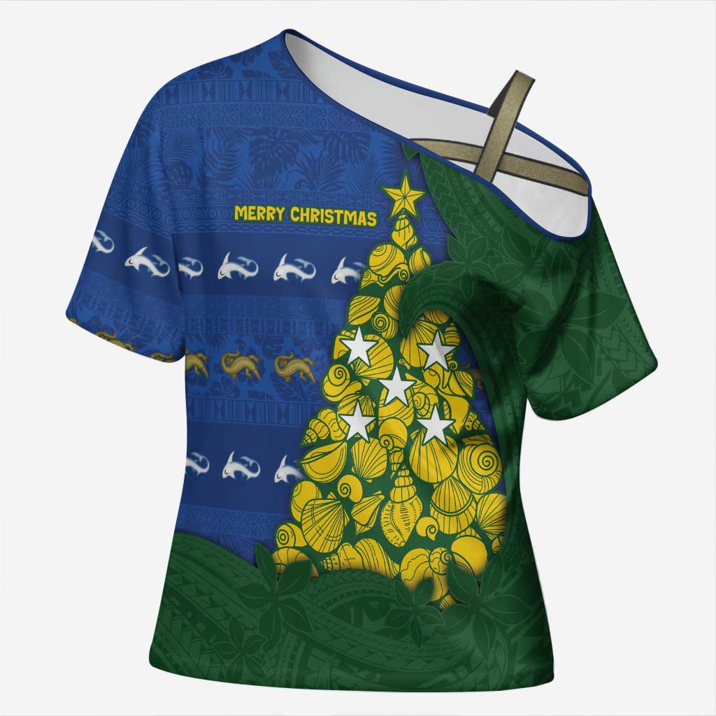 Solomon Islands Christmas Cross Shoulder Shirt Seashell Xmas Tree Tribal Waves DT05 Female Navy - Polynesian Pride