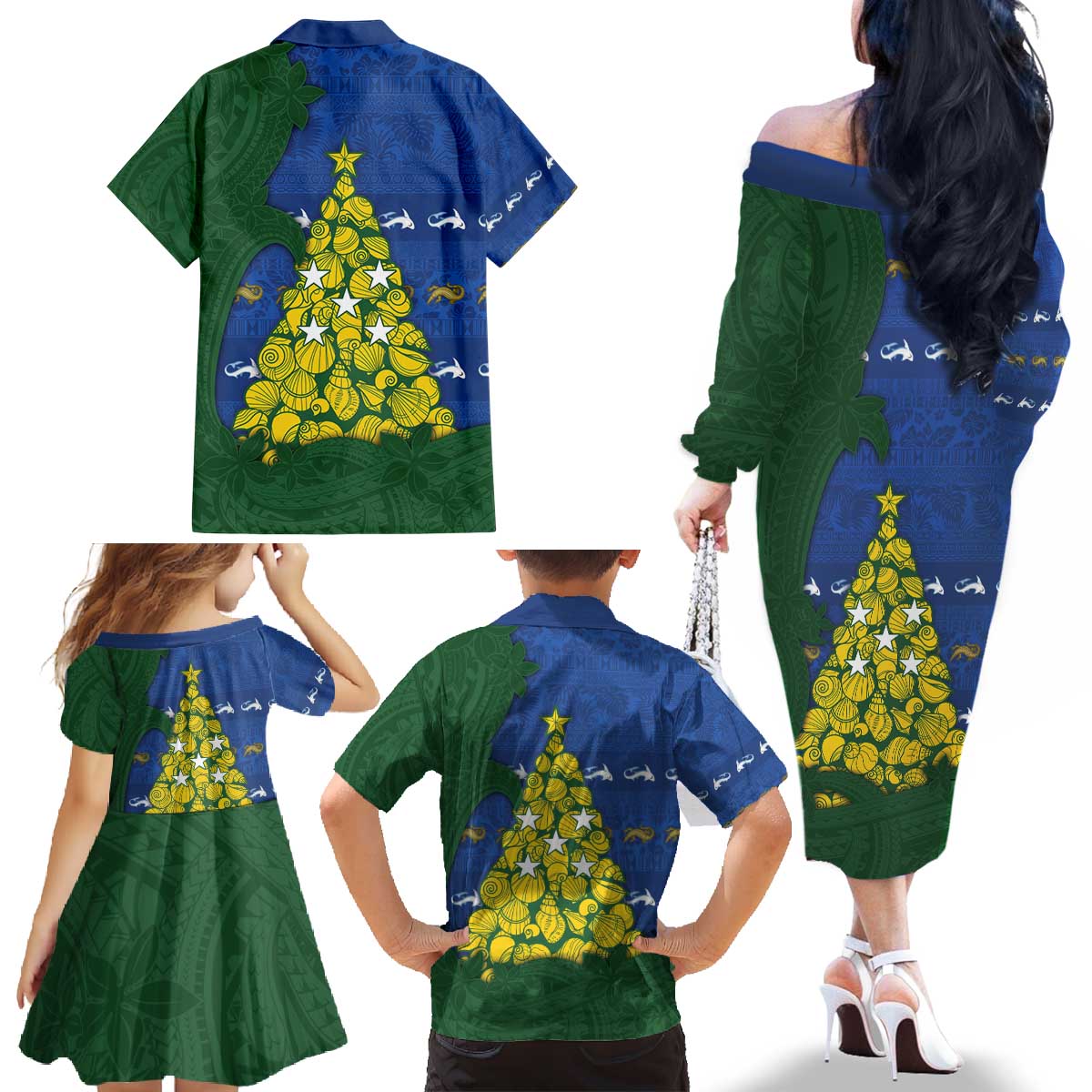 Solomon Islands Christmas Family Matching Off The Shoulder Long Sleeve Dress and Hawaiian Shirt Seashell Xmas Tree Tribal Waves - Polynesian Pride