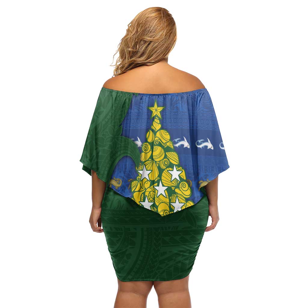 Solomon Islands Christmas Family Matching Off Shoulder Short Dress and Hawaiian Shirt Seashell Xmas Tree Tribal Waves - Polynesian Pride