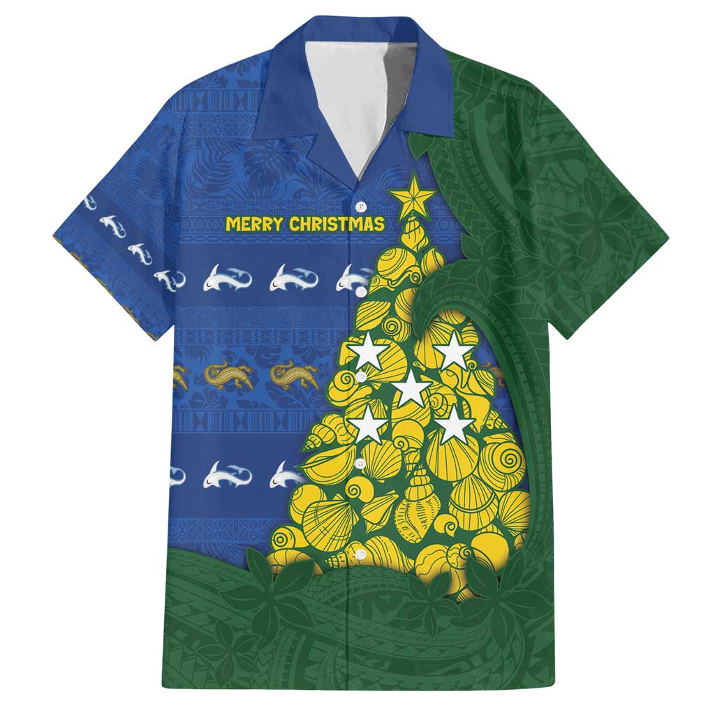 Solomon Islands Christmas Family Matching Puletasi and Hawaiian Shirt Seashell Xmas Tree Tribal Waves - Polynesian Pride