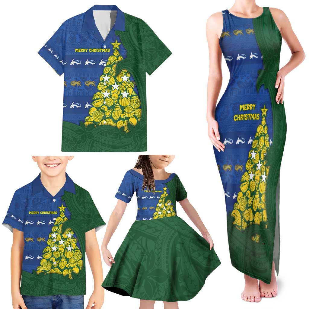 Solomon Islands Christmas Family Matching Tank Maxi Dress and Hawaiian Shirt Seashell Xmas Tree Tribal Waves - Polynesian Pride