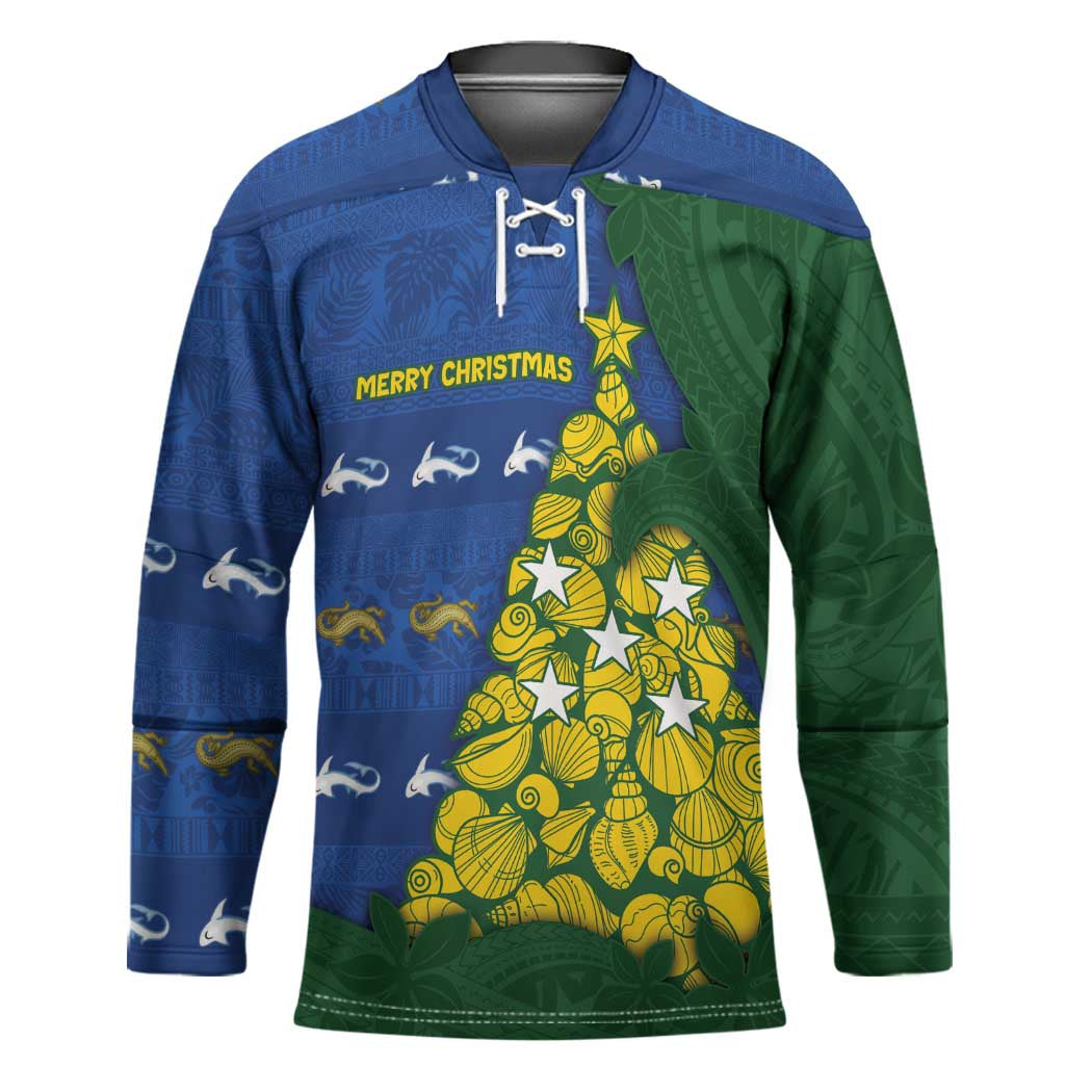 Solomon Islands Christmas Hockey Jersey Seashell Xmas Tree Tribal Waves - Polynesian Pride