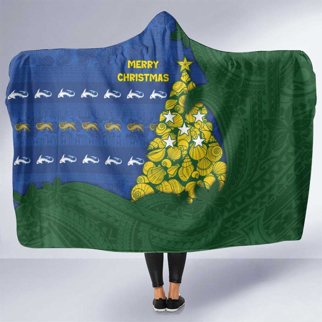 Solomon Islands Christmas Hooded Blanket Seashell Xmas Tree Tribal Waves DT05 One Size Navy - Polynesian Pride