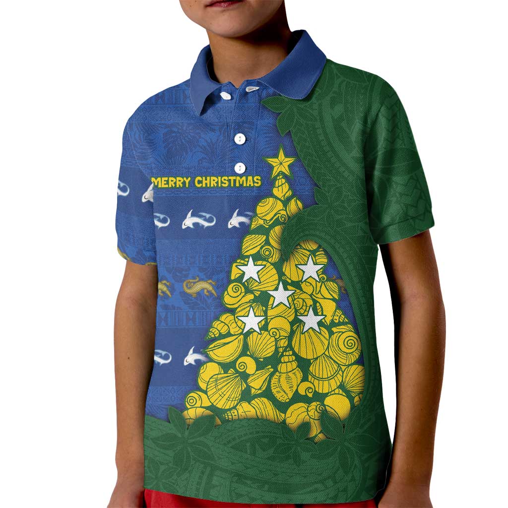 Solomon Islands Christmas Kid Polo Shirt Seashell Xmas Tree Tribal Waves DT05 Kid Navy - Polynesian Pride