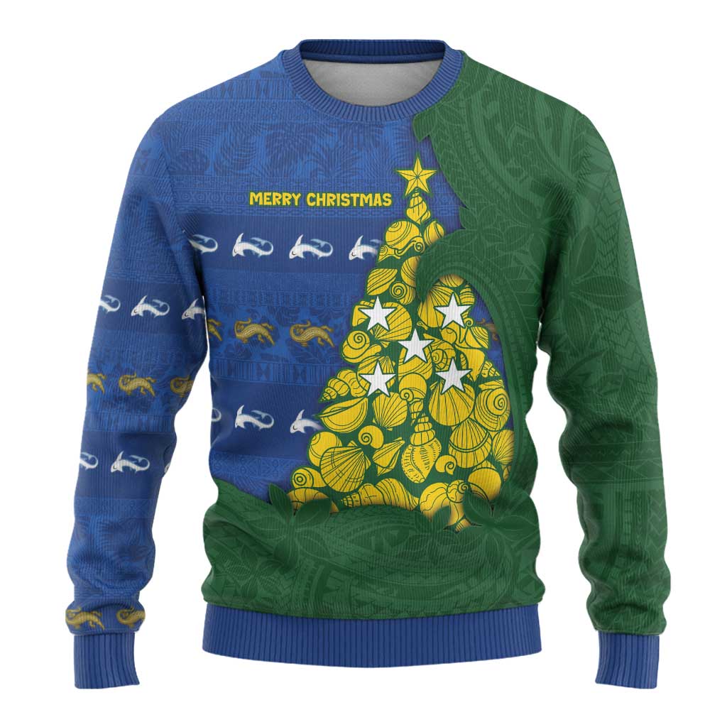 Solomon Islands Christmas Ugly Christmas Sweater Seashell Xmas Tree Tribal Waves - Polynesian Pride