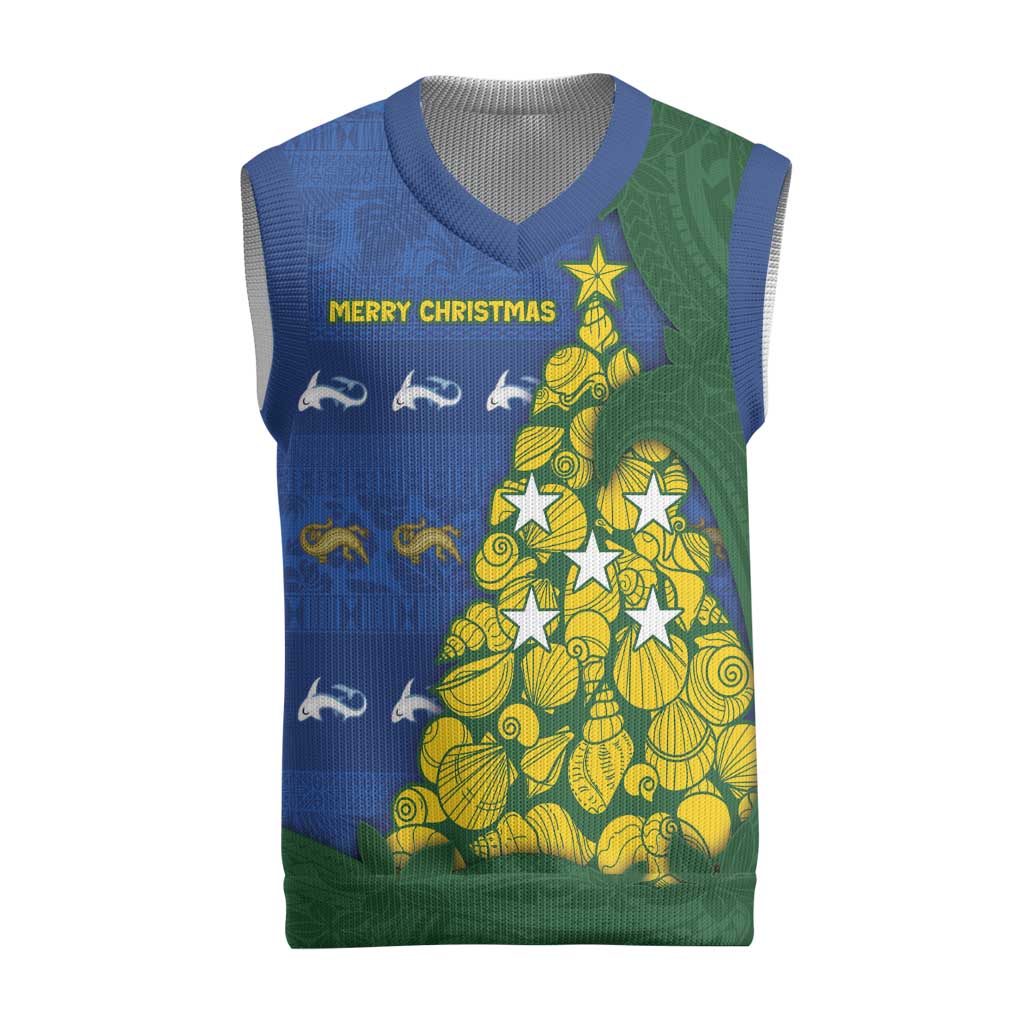 Solomon Islands Christmas Knitted V-Neck Vest Seashell Xmas Tree Tribal Waves DT05 Navy - Polynesian Pride