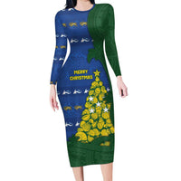 Solomon Islands Christmas Long Sleeve Bodycon Dress Seashell Xmas Tree Tribal Waves - Polynesian Pride