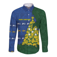 Solomon Islands Christmas Long Sleeve Button Shirt Seashell Xmas Tree Tribal Waves DT05 Unisex Navy - Polynesian Pride