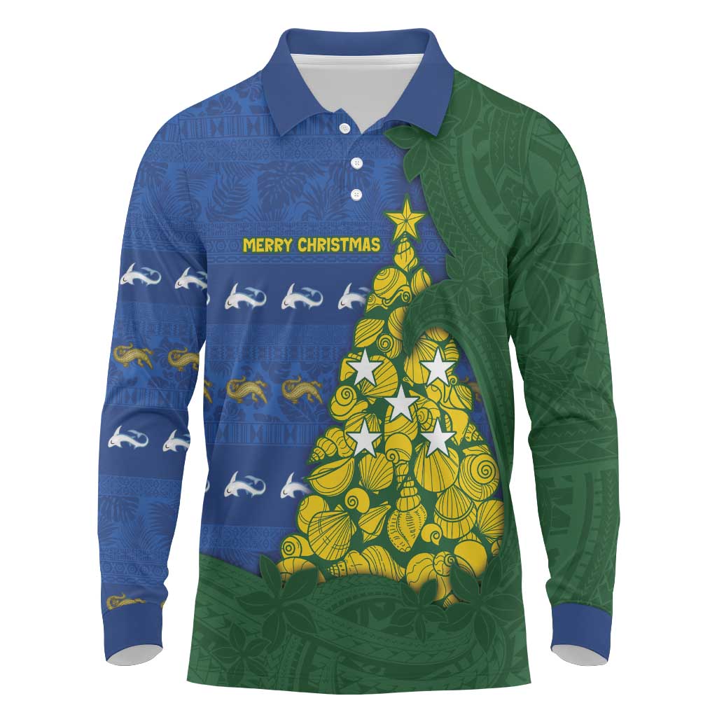 Solomon Islands Christmas Long Sleeve Polo Shirt Seashell Xmas Tree Tribal Waves DT05 Navy - Polynesian Pride