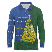Solomon Islands Christmas Long Sleeve Polo Shirt Seashell Xmas Tree Tribal Waves DT05 Navy - Polynesian Pride