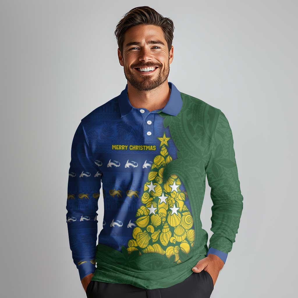 Solomon Islands Christmas Long Sleeve Polo Shirt Seashell Xmas Tree Tribal Waves DT05 - Polynesian Pride
