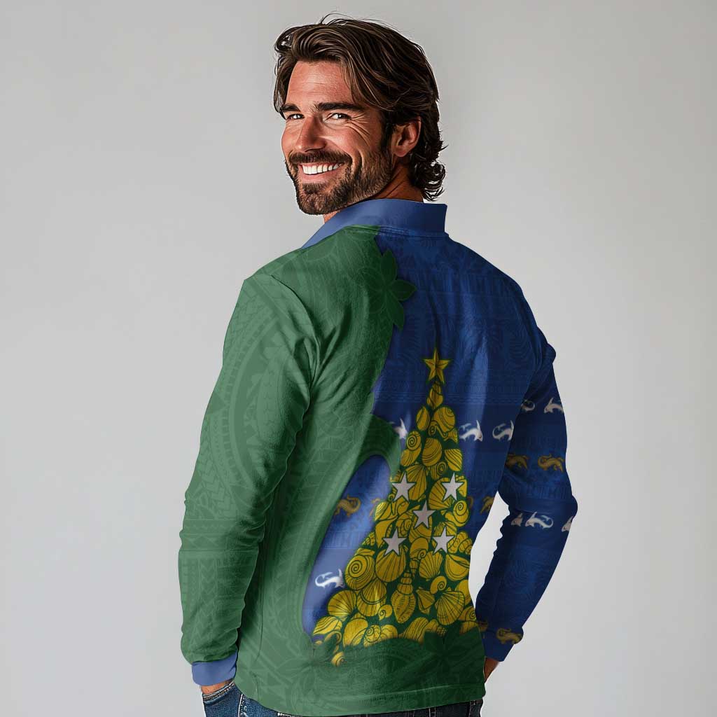 Solomon Islands Christmas Long Sleeve Polo Shirt Seashell Xmas Tree Tribal Waves DT05 - Polynesian Pride