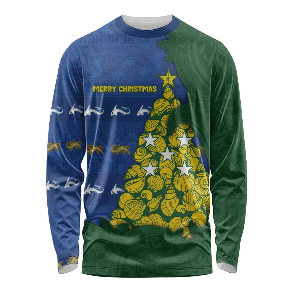 Solomon Islands Christmas Long Sleeve Shirt Seashell Xmas Tree Tribal Waves DT05 Unisex Navy - Polynesian Pride