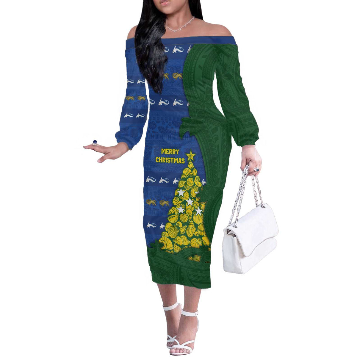 Solomon Islands Christmas Off The Shoulder Long Sleeve Dress Seashell Xmas Tree Tribal Waves - Polynesian Pride
