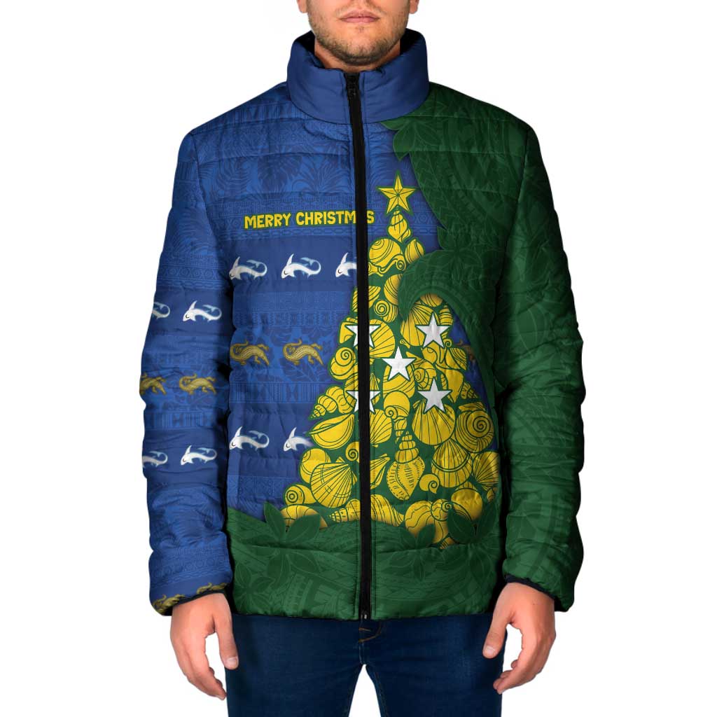 Solomon Islands Christmas Padded Jacket Seashell Xmas Tree Tribal Waves DT05 Men Navy - Polynesian Pride