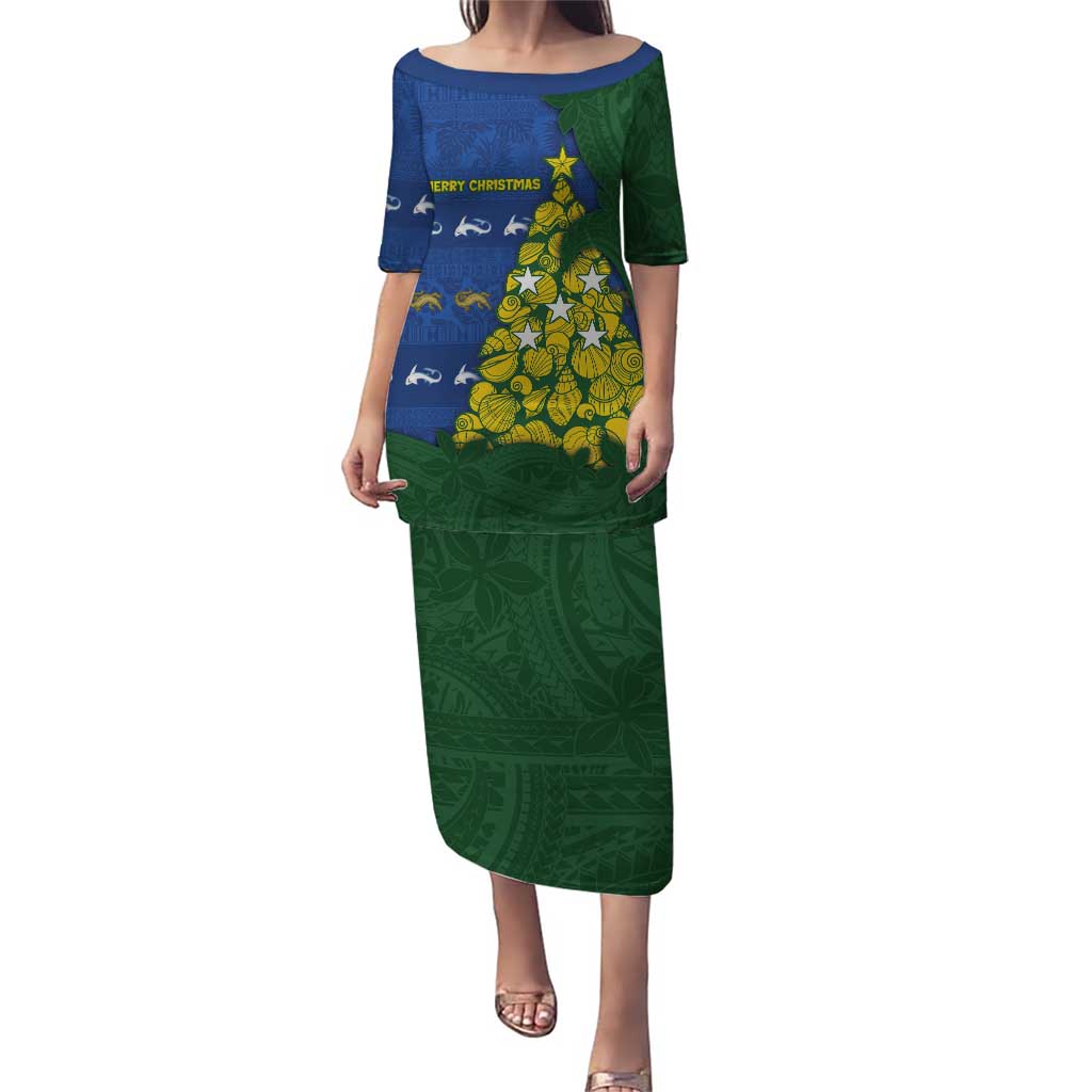 Solomon Islands Christmas Puletasi Seashell Xmas Tree Tribal Waves DT05 Long Dress Navy - Polynesian Pride