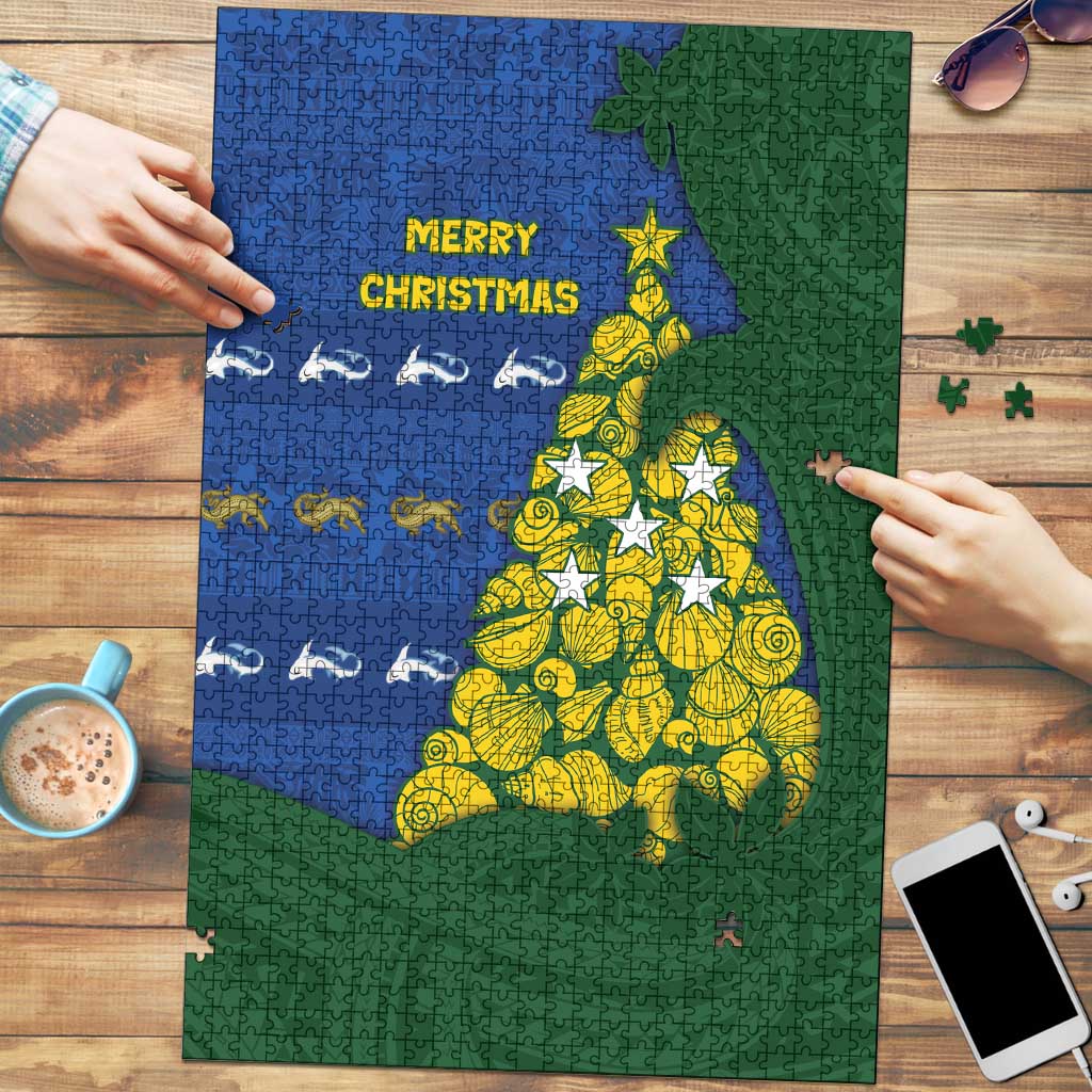 Solomon Islands Christmas Puzzle Seashell Xmas Tree Tribal Waves DT05 Navy - Polynesian Pride