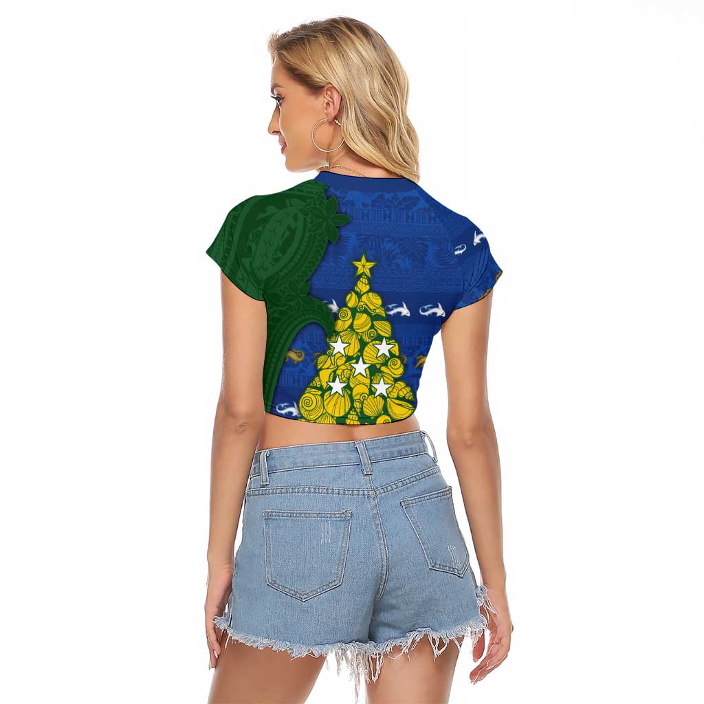 Solomon Islands Christmas Raglan Cropped T Shirt Seashell Xmas Tree Tribal Waves DT05 - Polynesian Pride