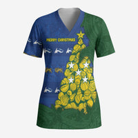 Solomon Islands Christmas Scrub Top Seashell Xmas Tree Tribal Waves DT05 Adult Navy - Polynesian Pride