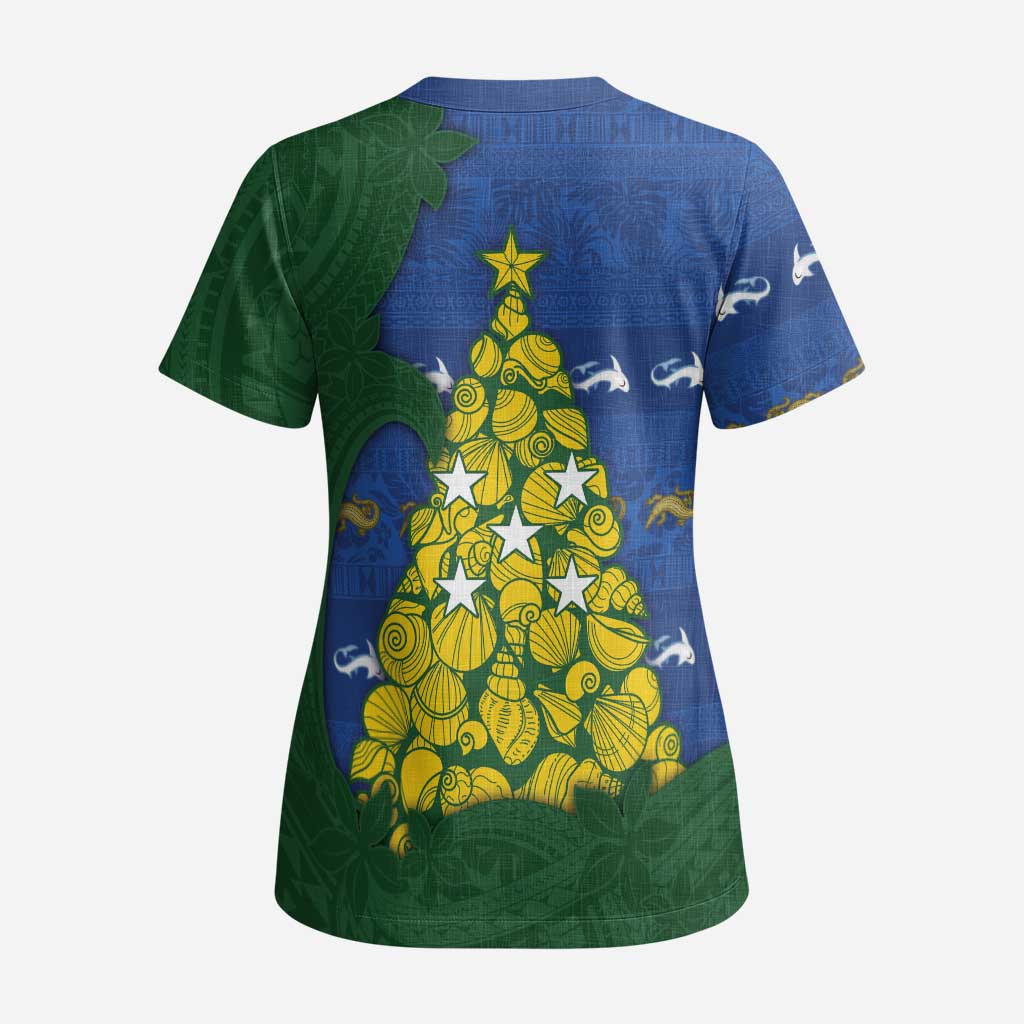 Solomon Islands Christmas Scrub Top Seashell Xmas Tree Tribal Waves DT05 - Polynesian Pride