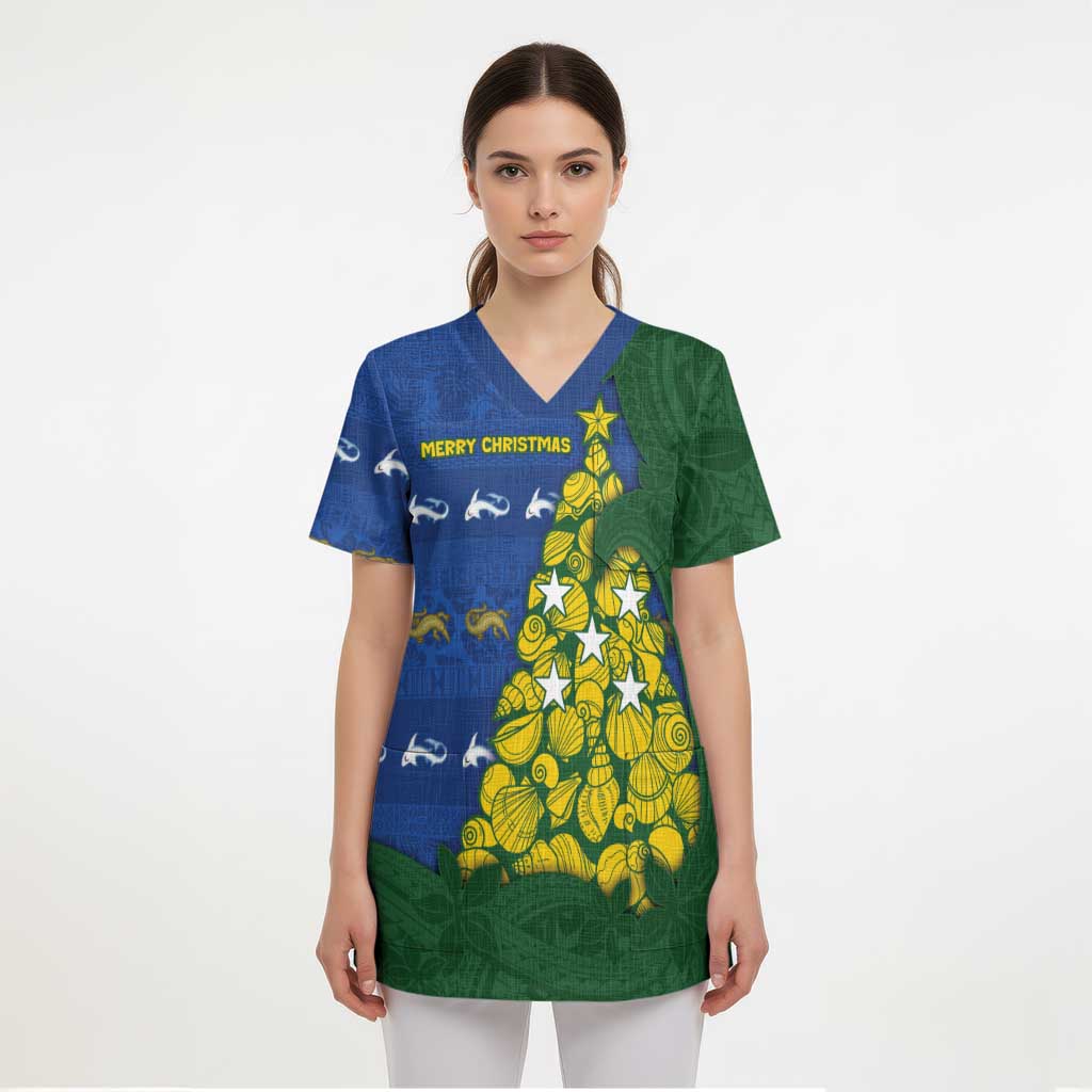 Solomon Islands Christmas Scrub Top Seashell Xmas Tree Tribal Waves DT05 - Polynesian Pride