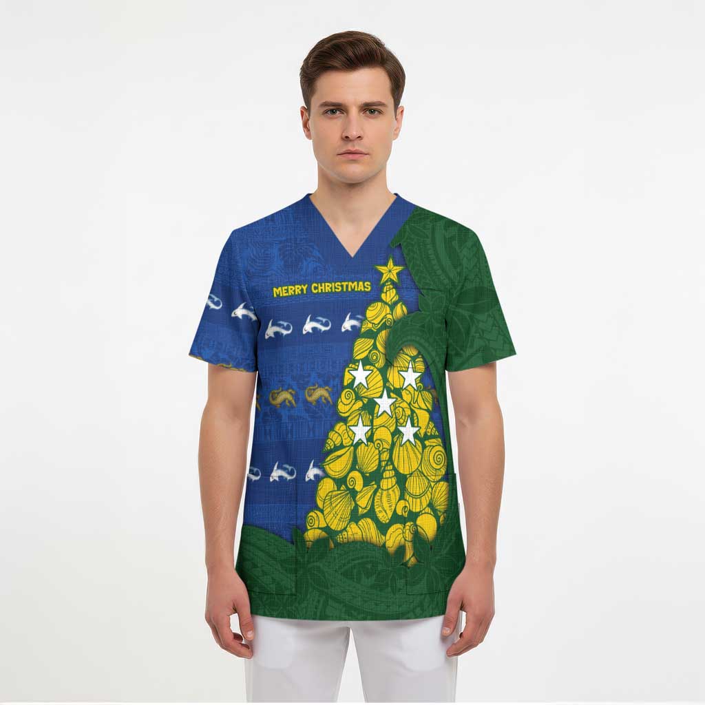 Solomon Islands Christmas Scrub Top Seashell Xmas Tree Tribal Waves DT05 - Polynesian Pride