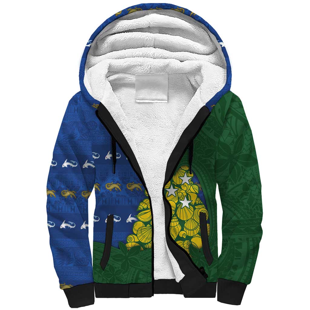Solomon Islands Christmas Sherpa Hoodie Seashell Xmas Tree Tribal Waves - Polynesian Pride