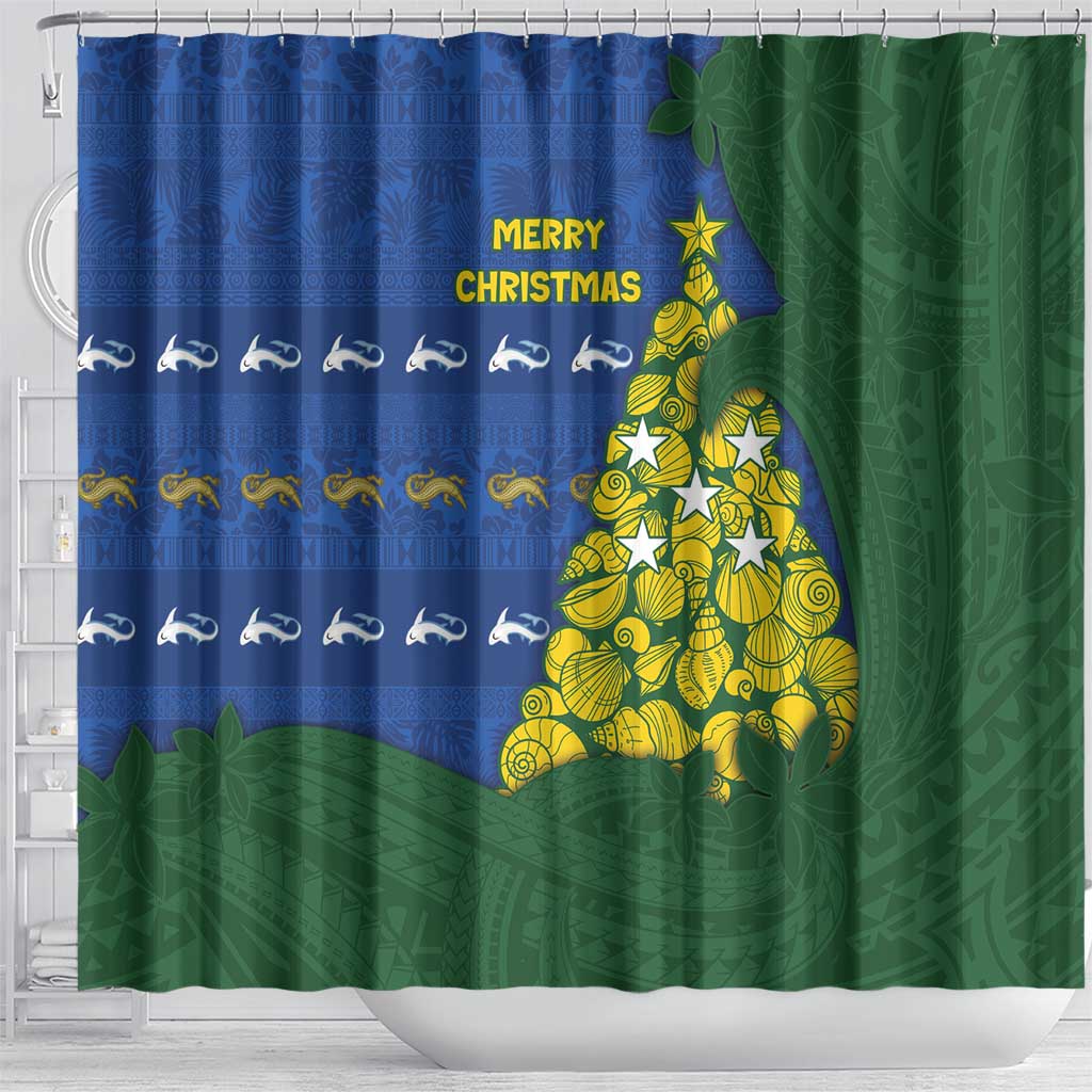 Solomon Islands Christmas Shower Curtain Seashell Xmas Tree Tribal Waves - Polynesian Pride