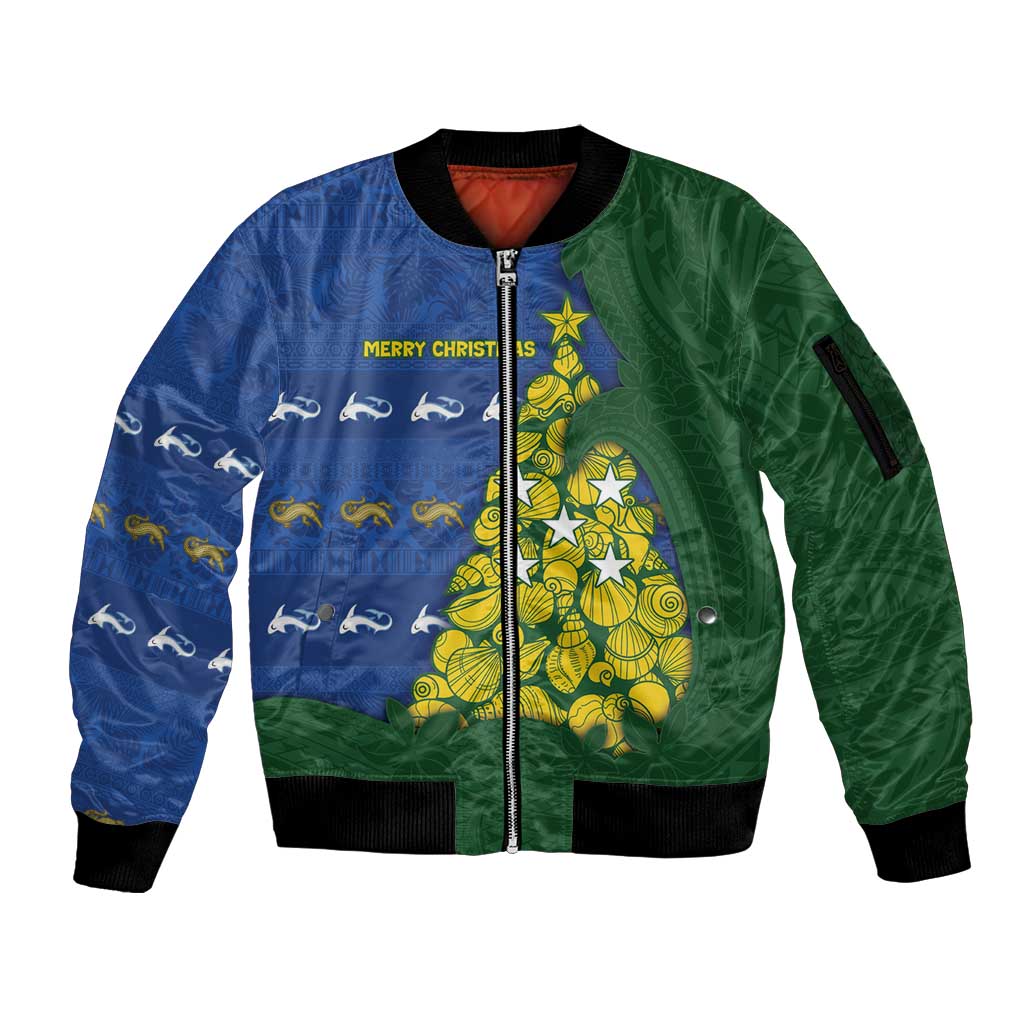 Solomon Islands Christmas Sleeve Zip Bomber Jacket Seashell Xmas Tree Tribal Waves - Polynesian Pride