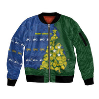 Solomon Islands Christmas Sleeve Zip Bomber Jacket Seashell Xmas Tree Tribal Waves DT05 Unisex Navy - Polynesian Pride