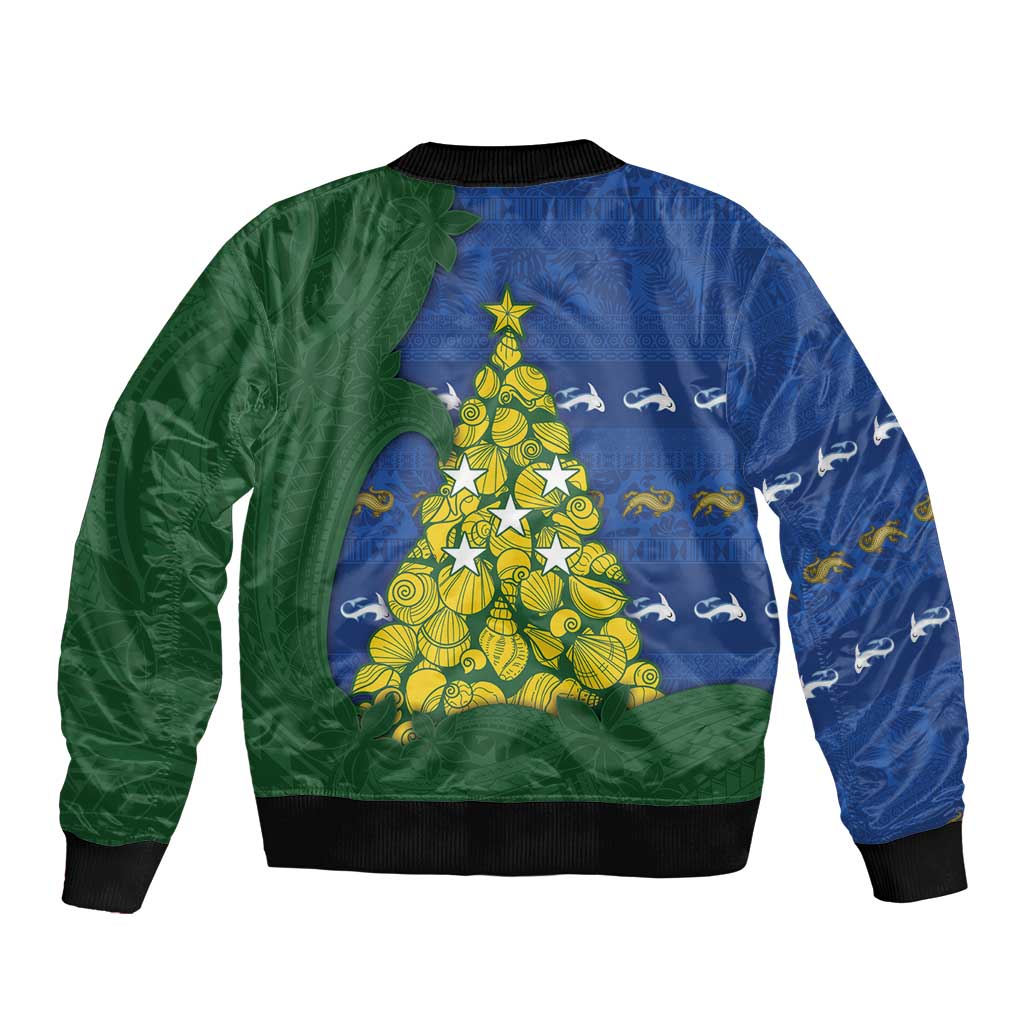 Solomon Islands Christmas Sleeve Zip Bomber Jacket Seashell Xmas Tree Tribal Waves DT05 - Polynesian Pride