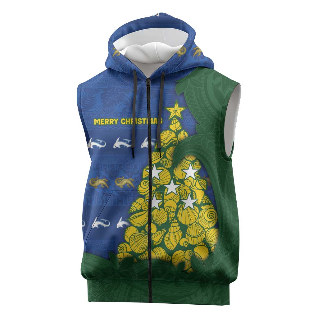Solomon Islands Christmas Sleeveless Zip Hoodie Seashell Xmas Tree Tribal Waves DT05 Navy - Polynesian Pride