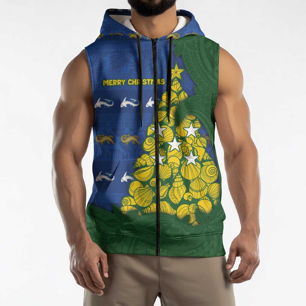 Solomon Islands Christmas Sleeveless Zip Hoodie Seashell Xmas Tree Tribal Waves DT05 - Polynesian Pride