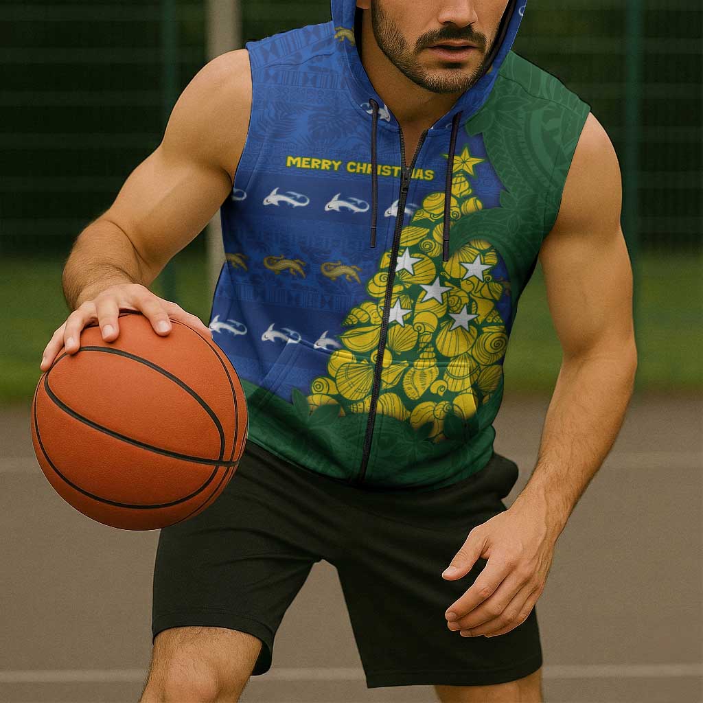 Solomon Islands Christmas Sleeveless Zip Hoodie Seashell Xmas Tree Tribal Waves DT05 - Polynesian Pride