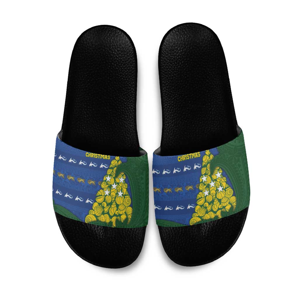 Solomon Islands Christmas Slide Sandals Seashell Xmas Tree Tribal Waves DT05 Navy - Polynesian Pride