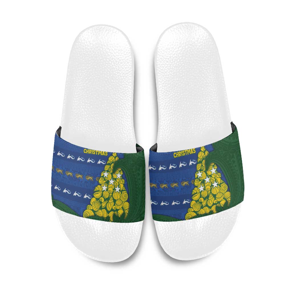 Solomon Islands Christmas Slide Sandals Seashell Xmas Tree Tribal Waves DT05 Navy - Polynesian Pride