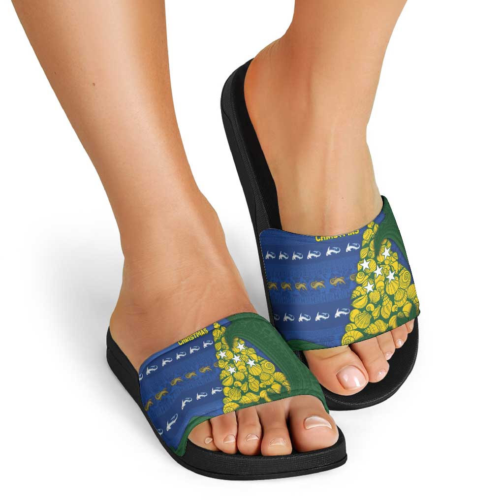 Solomon Islands Christmas Slide Sandals Seashell Xmas Tree Tribal Waves DT05 - Polynesian Pride
