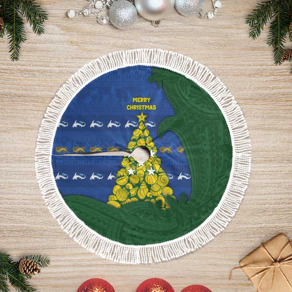Solomon Islands Christmas Tree Skirt Seashell Xmas Tree Tribal Waves DT05 Fringed Navy - Polynesian Pride