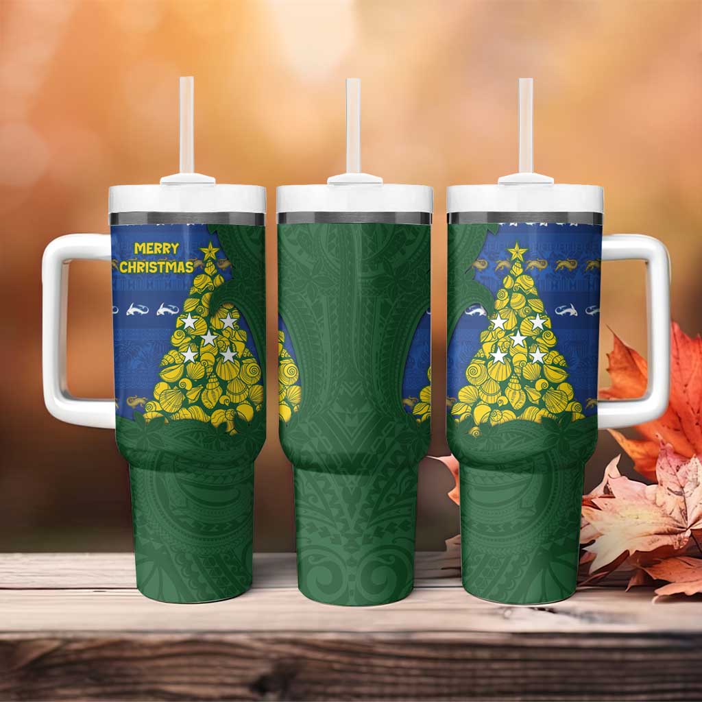 Solomon Islands Christmas Tumbler With Handle Seashell Xmas Tree Tribal Waves - Polynesian Pride