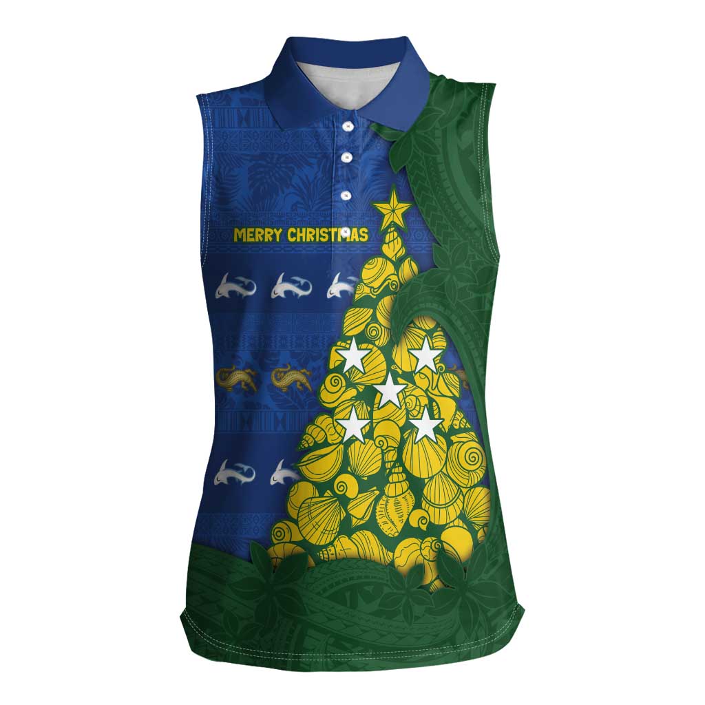 Solomon Islands Christmas Women Sleeveless Polo Shirt Seashell Xmas Tree Tribal Waves DT05 Female Navy - Polynesian Pride