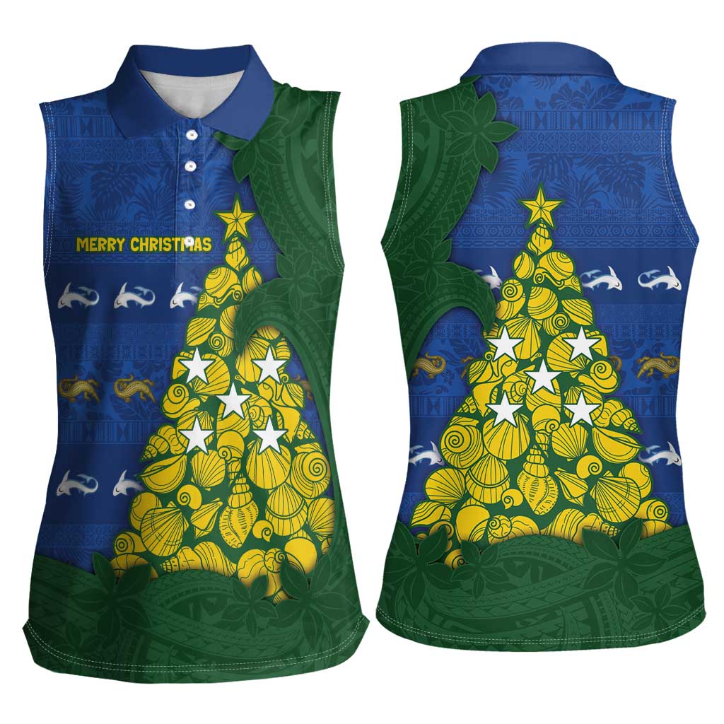 Solomon Islands Christmas Women Sleeveless Polo Shirt Seashell Xmas Tree Tribal Waves DT05 - Polynesian Pride