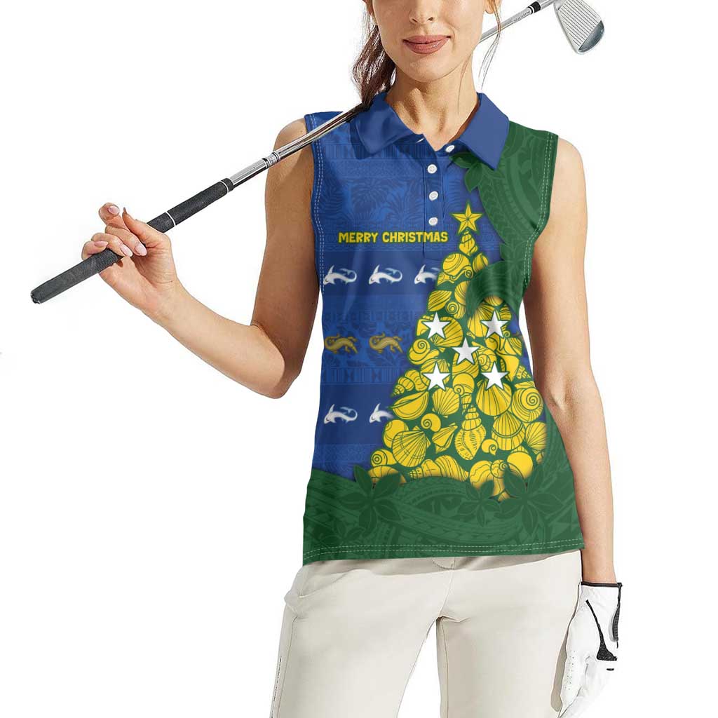 Solomon Islands Christmas Women Sleeveless Polo Shirt Seashell Xmas Tree Tribal Waves DT05 - Polynesian Pride