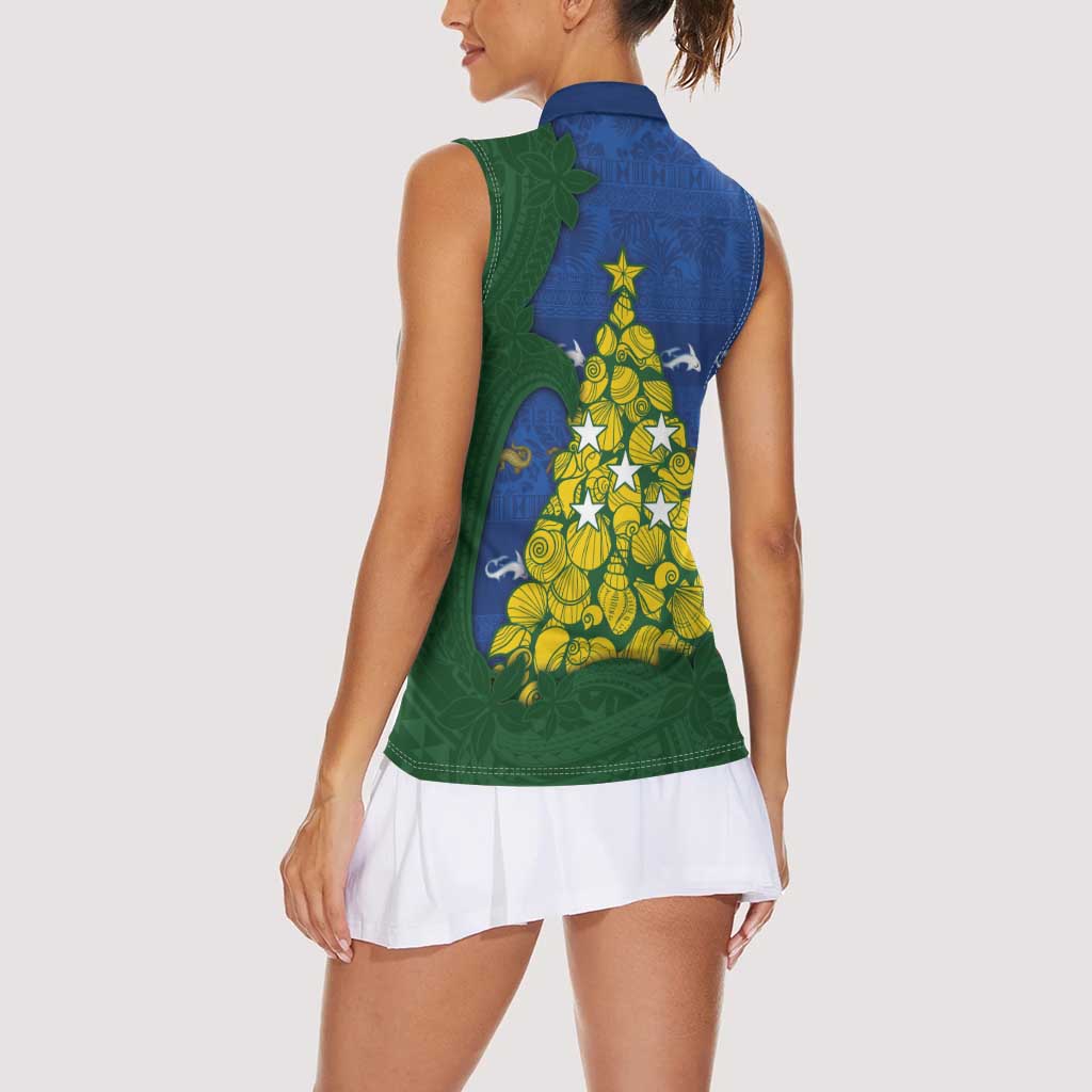 Solomon Islands Christmas Women Sleeveless Polo Shirt Seashell Xmas Tree Tribal Waves DT05 - Polynesian Pride